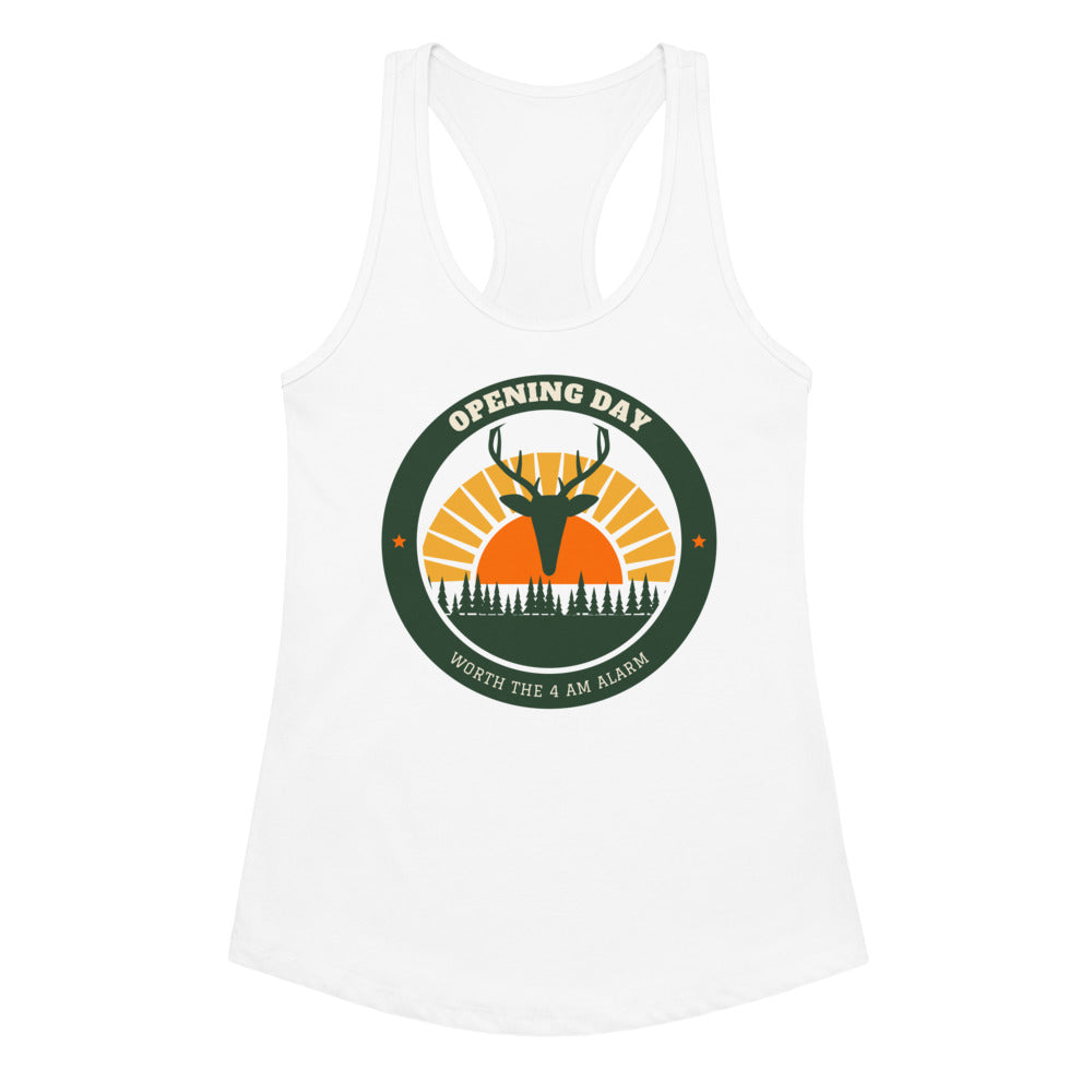 Women's Opening Day Sunrise Racerback Tank in white, design printed on the front, front view