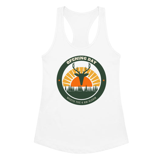 Women's Opening Day Sunrise Racerback Tank in white, design printed on the front, front view