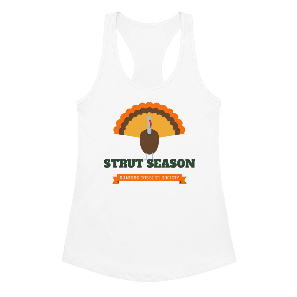 Women's Strut Season Gobbler Society Racerback Tank in white, design printed on the front, front view