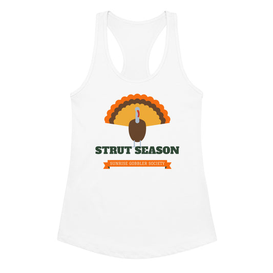 Women's Strut Season Gobbler Society Racerback Tank in white, design printed on the front, front view