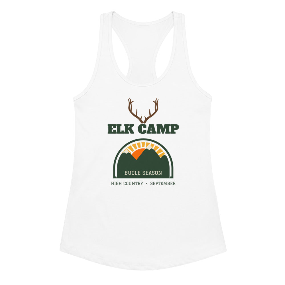 Women's Elk Camp Bugle Season Racerback Tank in white, design printed on the front, front view
