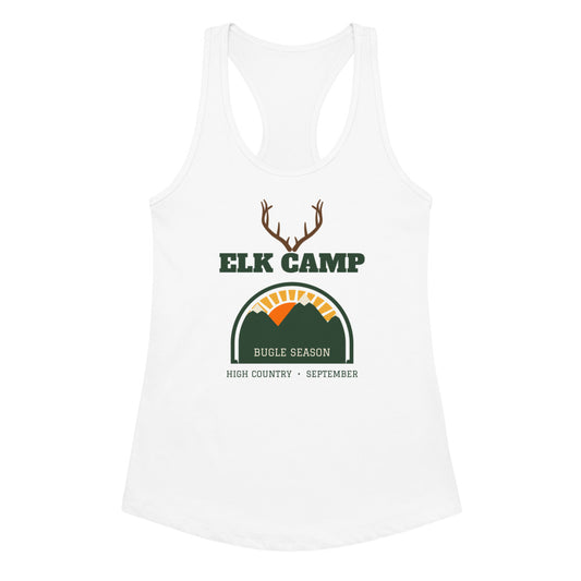 Women's Elk Camp Bugle Season Racerback Tank in white, design printed on the front, front view