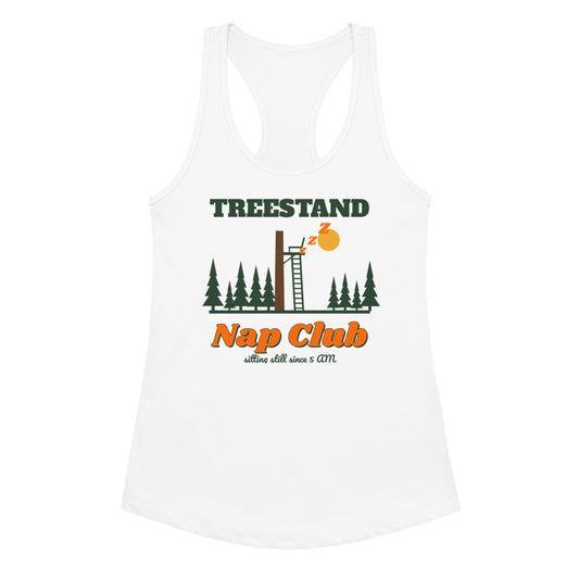 Women's Treestand Nap Club Racerback Tank in white, design printed on the front, front view