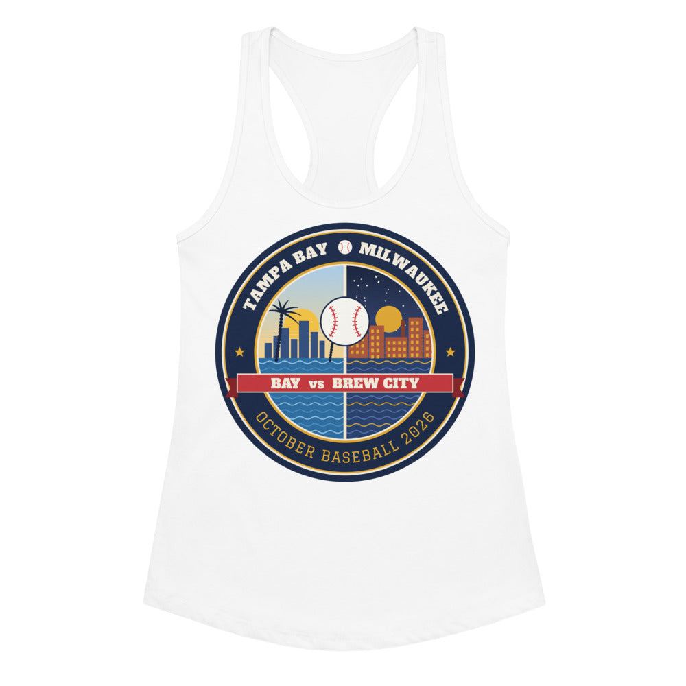 Women's Bay vs Brew City October Baseball Racerback Tank in white, front view