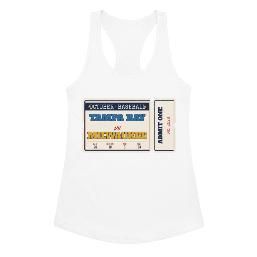 Women's Tampa Bay vs Milwaukee Retro Ticket Racerback Tank in white, front view