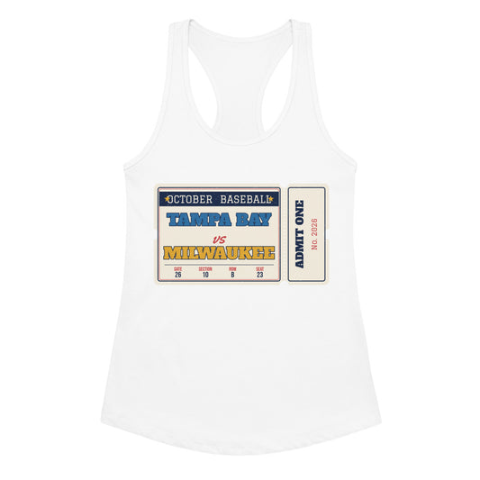 Women's Tampa Bay vs Milwaukee Retro Ticket Racerback Tank in white, front view