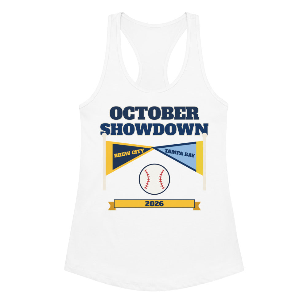 Women's October Showdown 2026 Racerback Tank in white, design printed on the front, front view