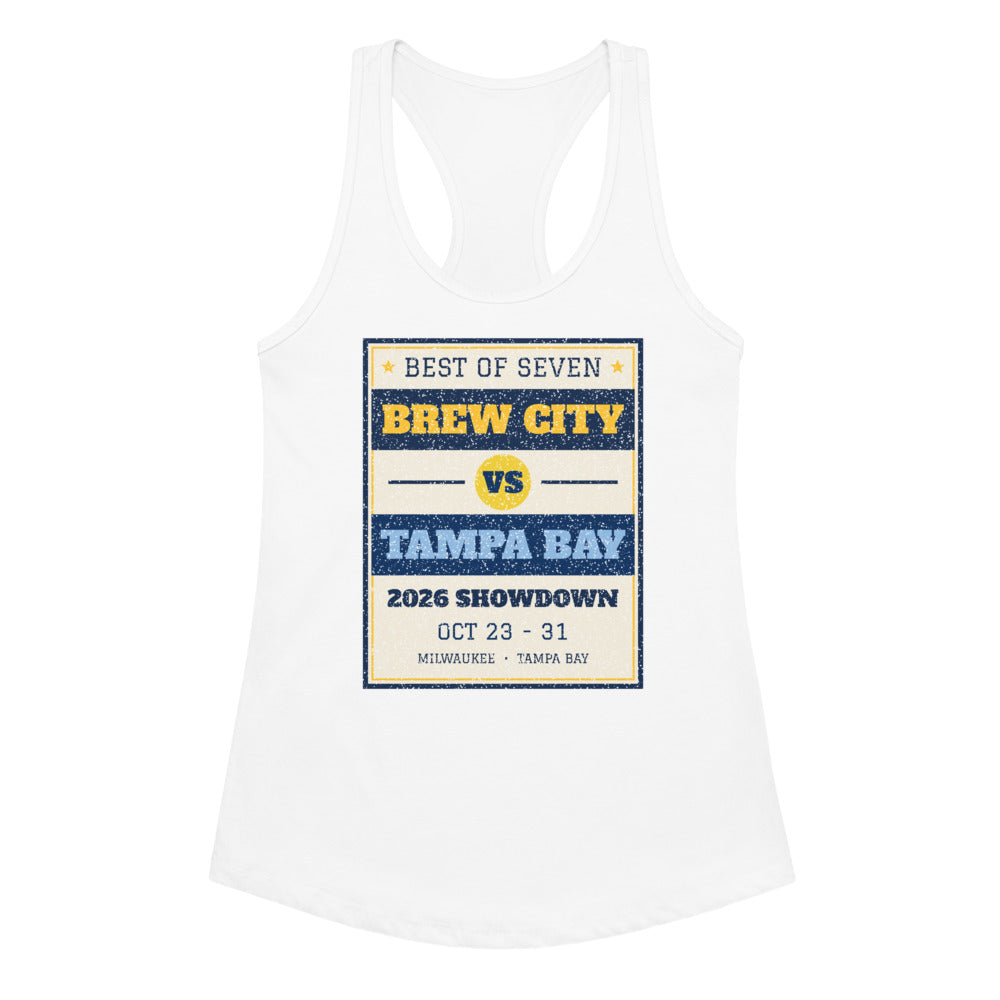 Women's Brew City vs Tampa Bay 2026 Showdown Racerback Tank in white, design printed on the front, front view