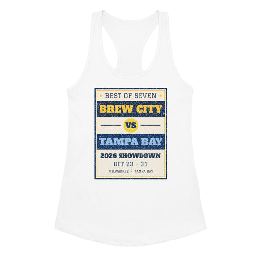 Women's Brew City vs Tampa Bay 2026 Showdown Racerback Tank in white, design printed on the front, front view