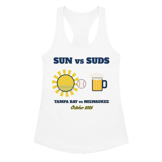 Women's Sun vs Suds Tampa Bay vs Milwaukee Racerback Tank in white, design printed on the front, front view