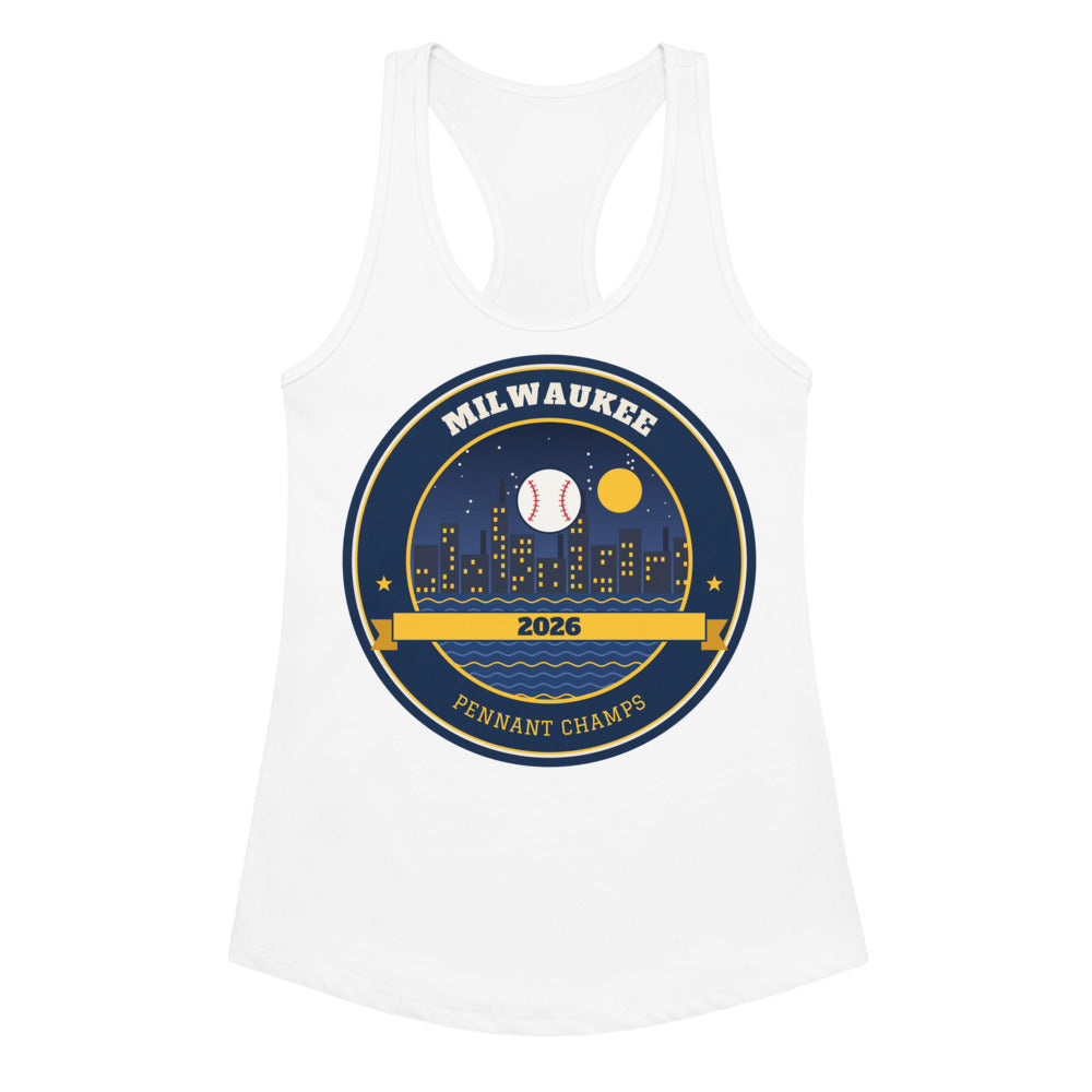 Women's Milwaukee 2026 Pennant Champs Racerback Tank in white, design printed on the front, front view