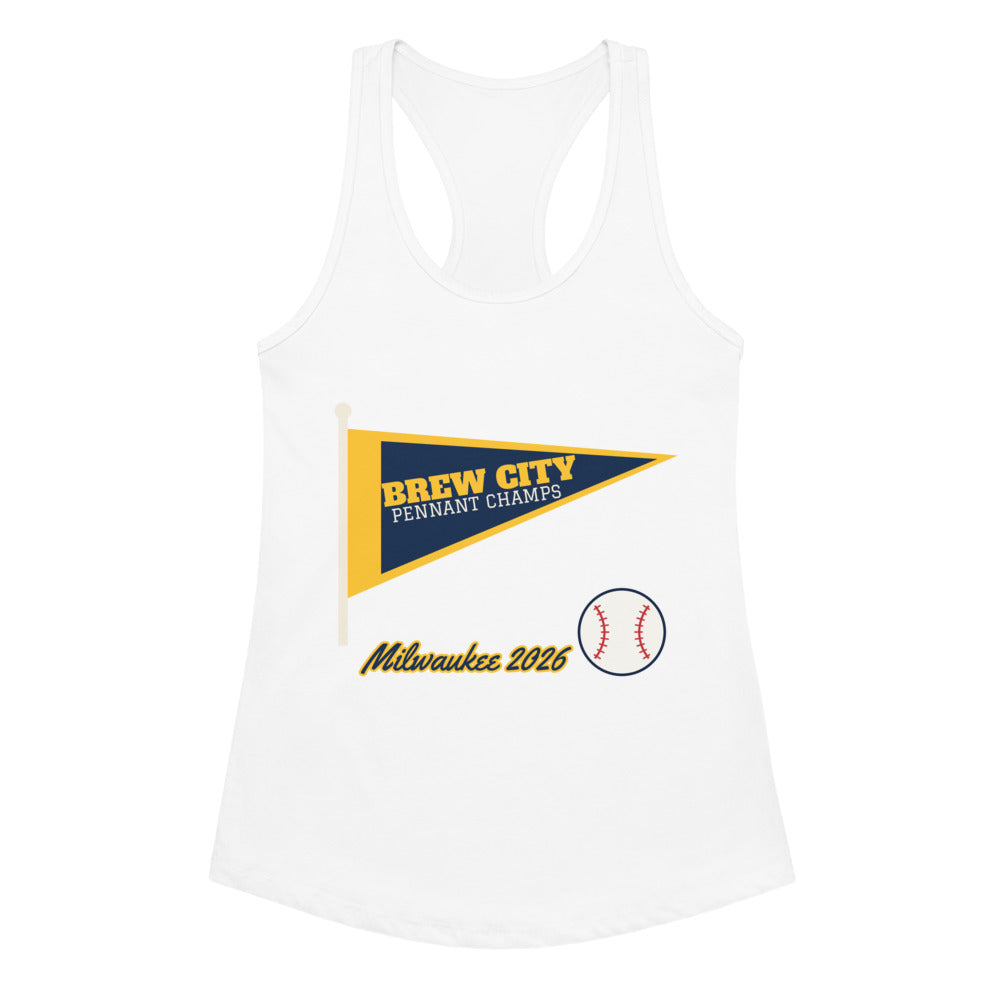 Women's Brew City Pennant 2026 Racerback Tank in white, design printed on the front, front view