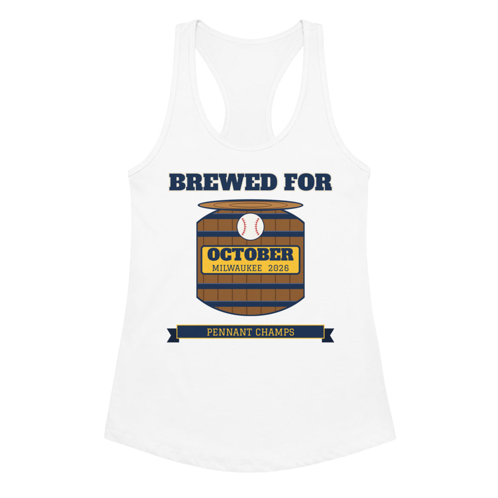 Women's Brewed for October Milwaukee 2026 Racerback Tank in white, design printed on the front, front view