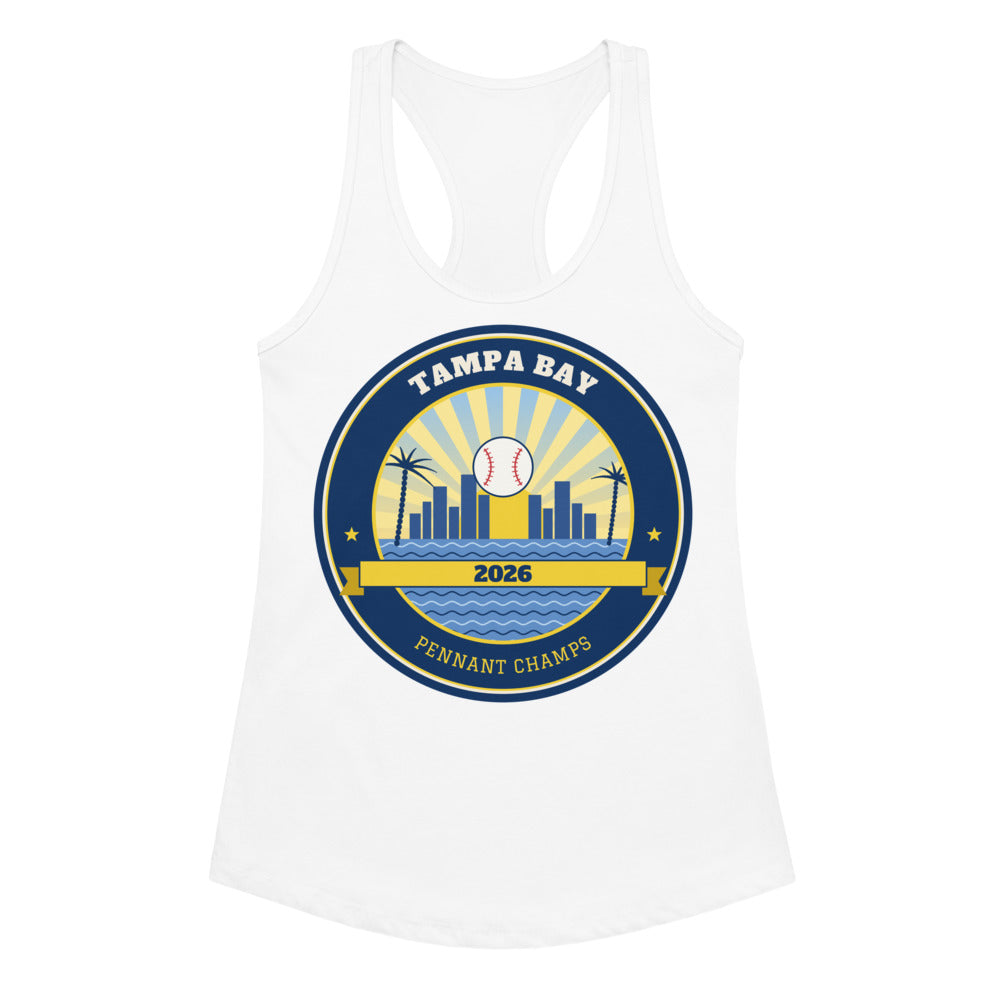 Women's Tampa Bay 2026 Pennant Champs Racerback Tank in white, design printed on the front, front view