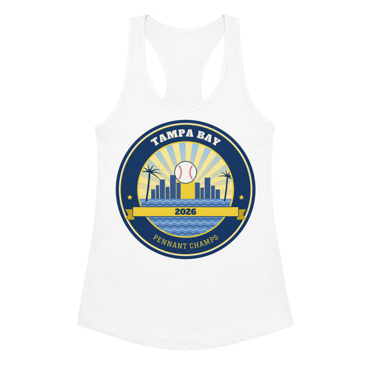 Women's Tampa Bay 2026 Pennant Champs Racerback Tank in white, design printed on the front, front view