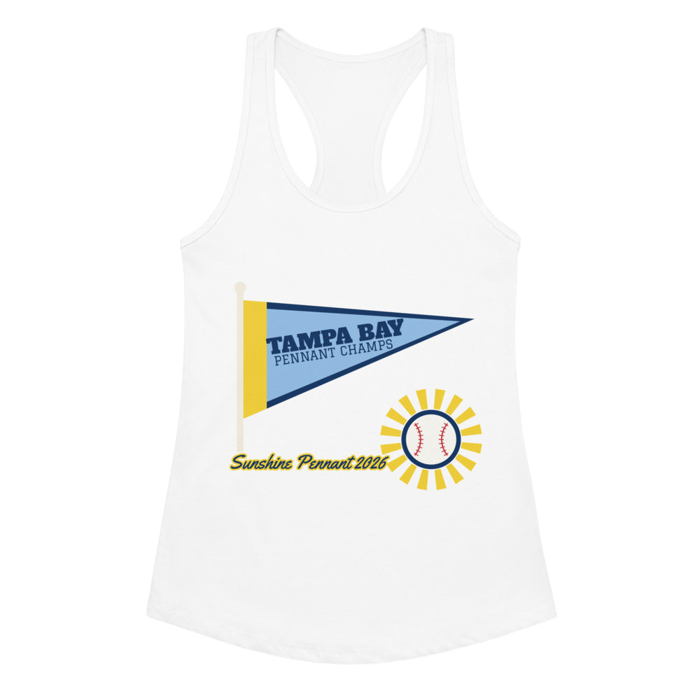 Women's Tampa Bay Sunshine Pennant 2026 Racerback Tank in white, design printed on the front, front view