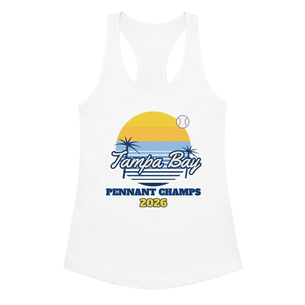 Women's Tampa Bay Sunset Champs 2026 Racerback Tank in white, design printed on the front, front view
