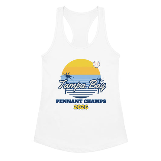 Women's Tampa Bay Sunset Champs 2026 Racerback Tank in white, design printed on the front, front view