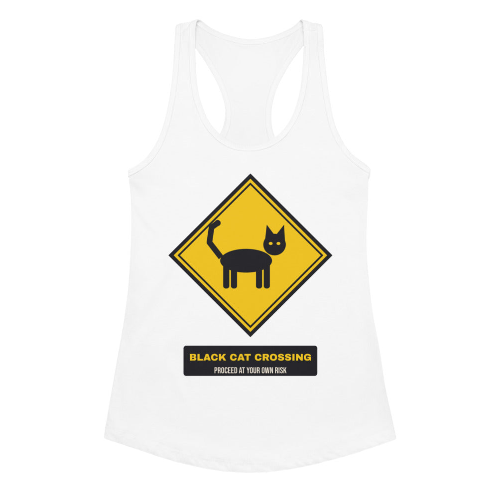 Women's Black Cat Crossing Racerback Tank in white, design printed on the front, front view