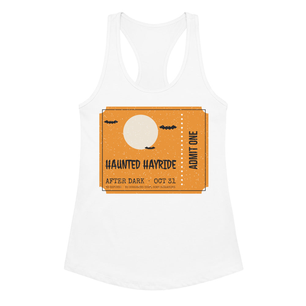 Women's Haunted Hayride Racerback Tank in white, design printed on the front, front view