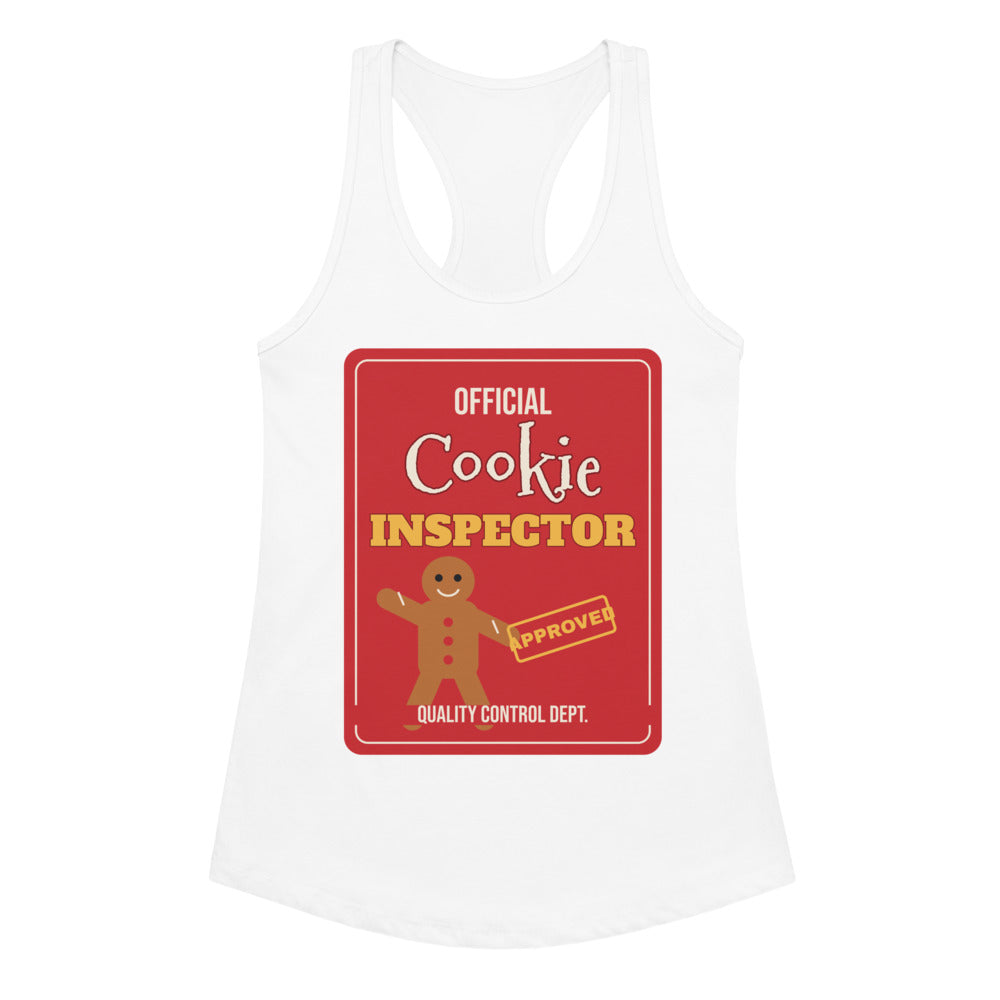Women's Cookie Inspector Racerback Tank in white, design printed on the front, front view