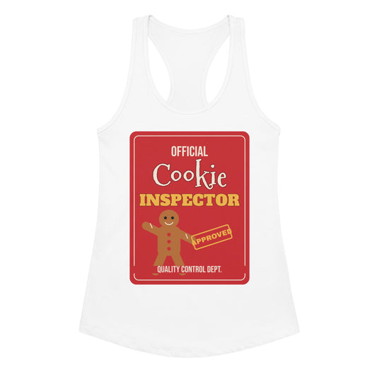 Women's Cookie Inspector Racerback Tank in white, design printed on the front, front view