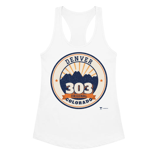 Women's 303 Original Denver Racerback Tank in white, front view