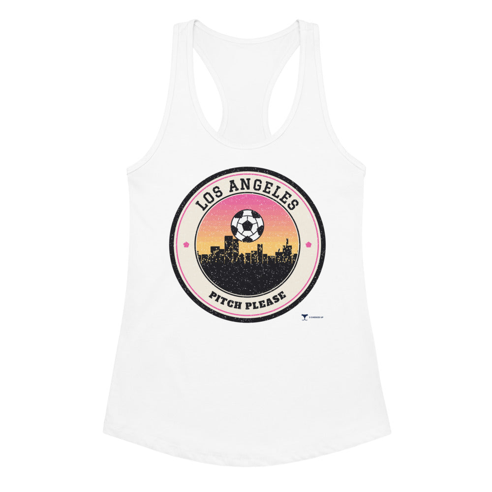 Women's Los Angeles Pitch Please Racerback Tank in white, design printed on the front, front view