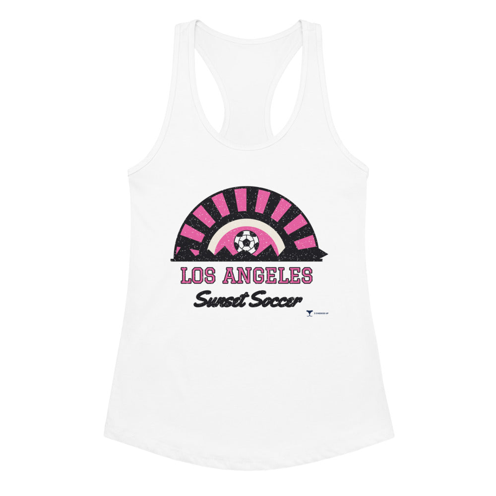 Women's Los Angeles Sunset Soccer Racerback Tank in white, design printed on the front, front view