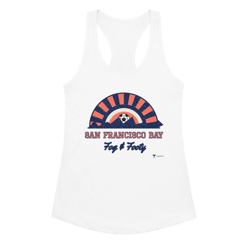 Women's San Francisco Bay Fog & Footy Racerback Tank in white, design printed on the front, front view
