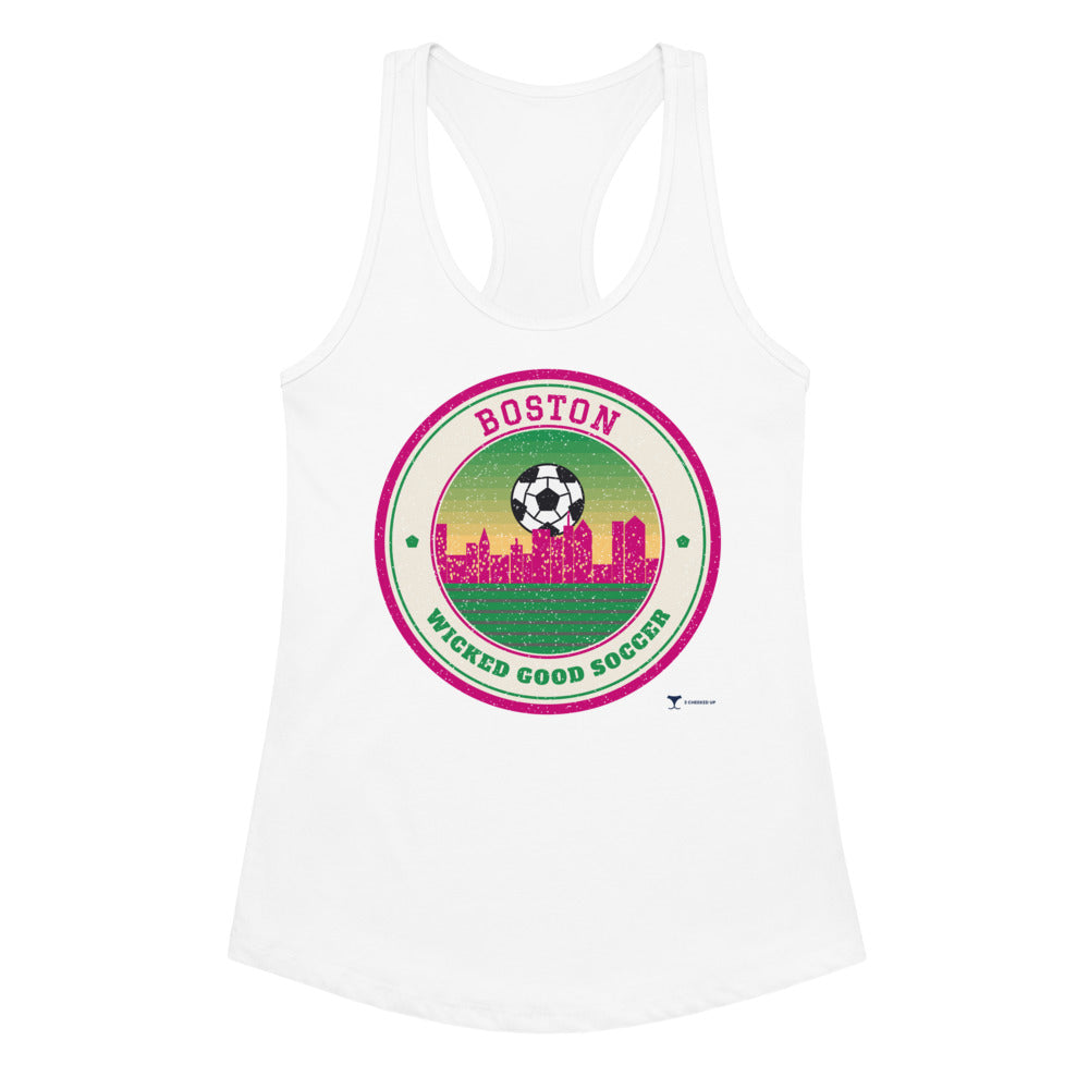Women's Boston Wicked Good Soccer Racerback Tank in white, design printed on the front, front view
