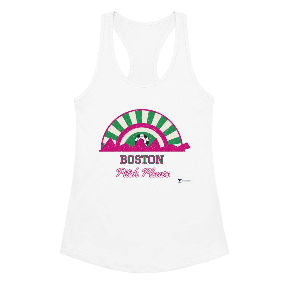 Women's Boston Pitch Please Racerback Tank in white, design printed on the front, front view