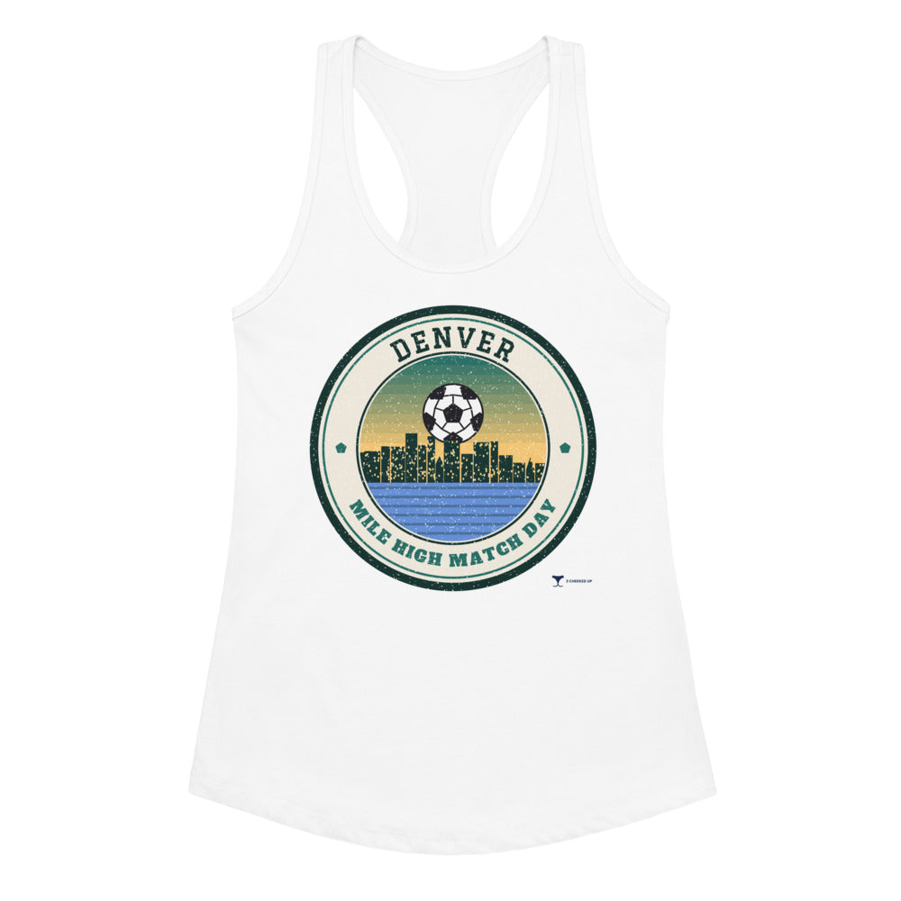 Women's Denver Mile High Match Day Racerback Tank in white, design printed on the front, front view