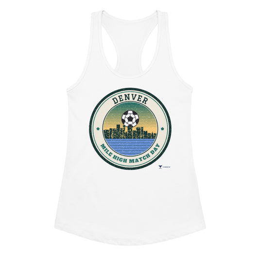 Women's Denver Mile High Match Day Racerback Tank in white, design printed on the front, front view