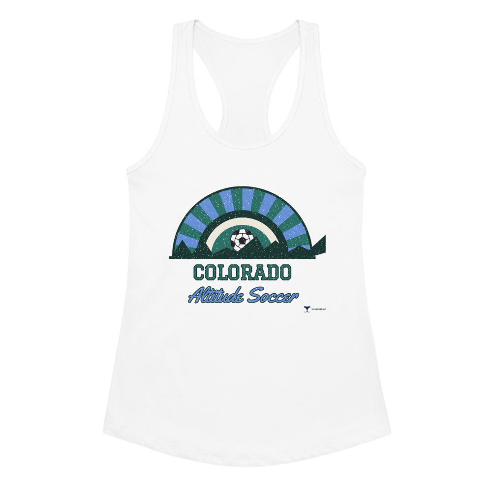 Women's Colorado Altitude Soccer Racerback Tank in white, design printed on the front, front view