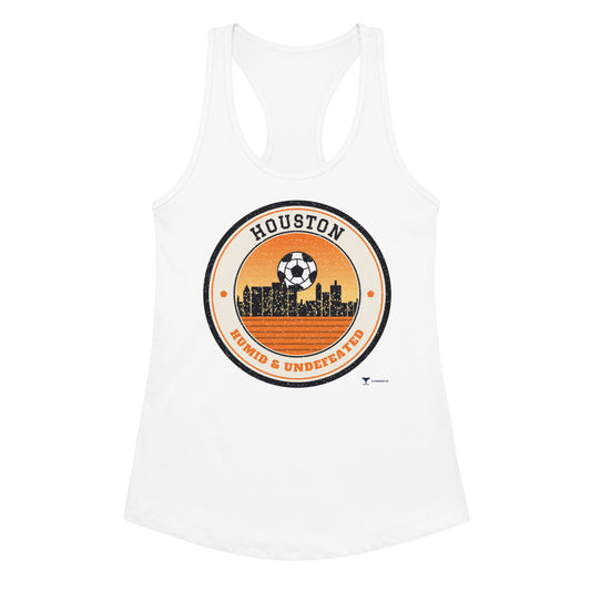 Women's Houston Humid & Undefeated Racerback Tank in white, design printed on the front, front view
