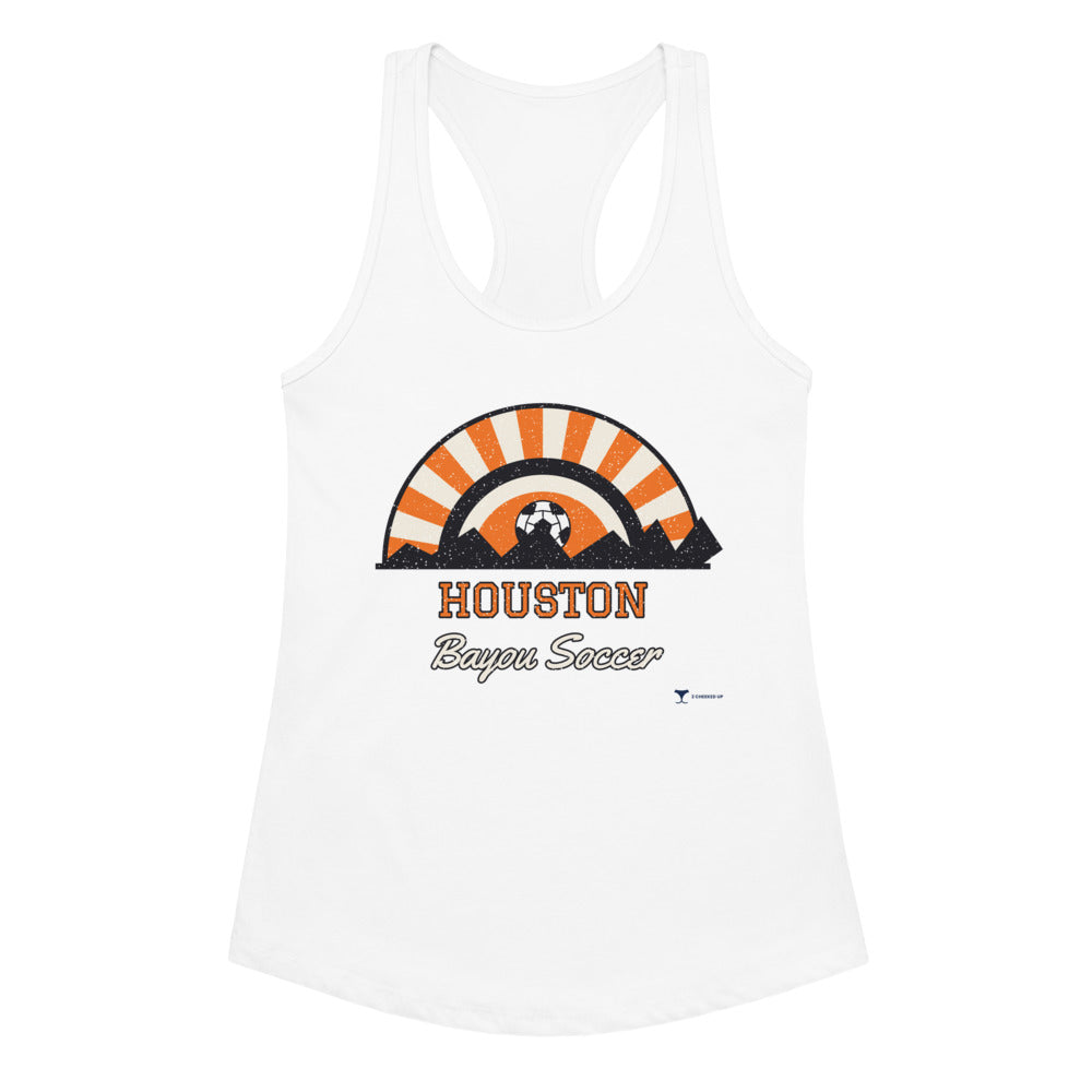 Women's Houston Bayou Soccer Racerback Tank in white, design printed on the front, front view