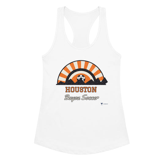 Women's Houston Bayou Soccer Racerback Tank in white, design printed on the front, front view