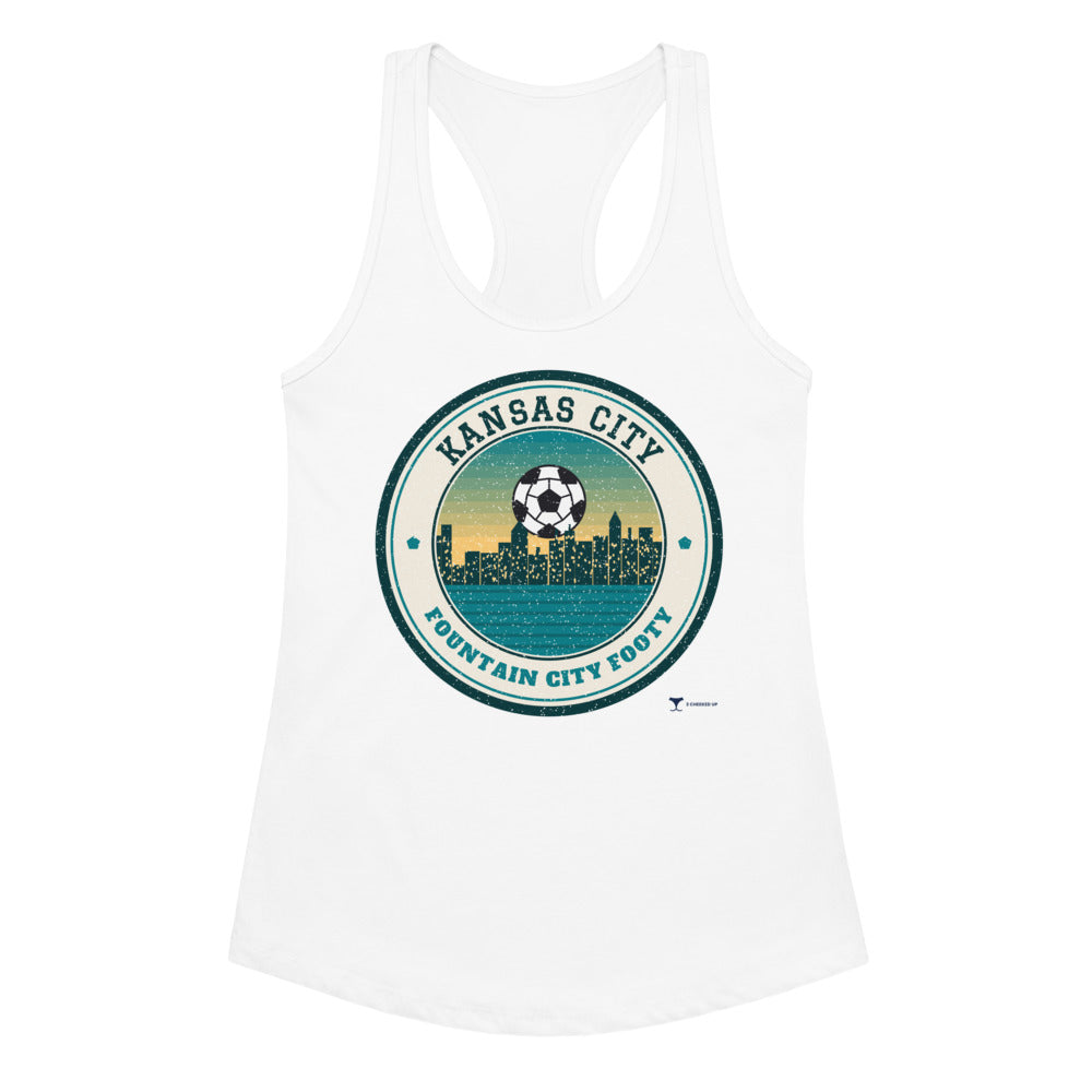 Women's Kansas City Fountain City Footy Racerback Tank in white, design printed on the front, front view