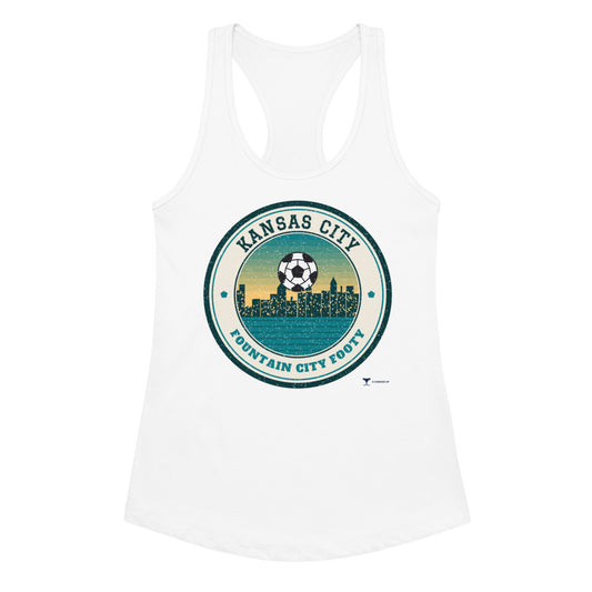 Women's Kansas City Fountain City Footy Racerback Tank in white, design printed on the front, front view