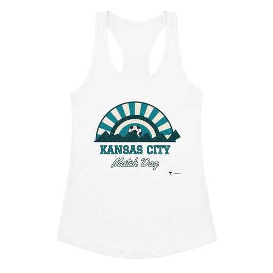 Women's Kansas City Match Day Racerback Tank in white, design printed on the front, front view