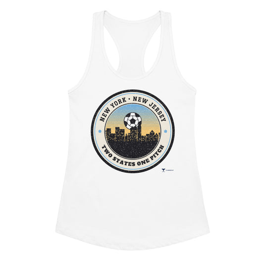 Women's NY NJ Two States One Pitch Racerback Tank in white, design printed on the front, front view
