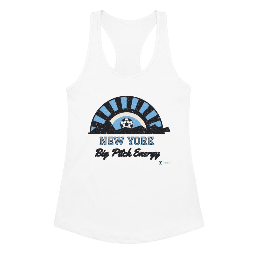 Women's New York Big Pitch Energy Racerback Tank in white, design printed on the front, front view