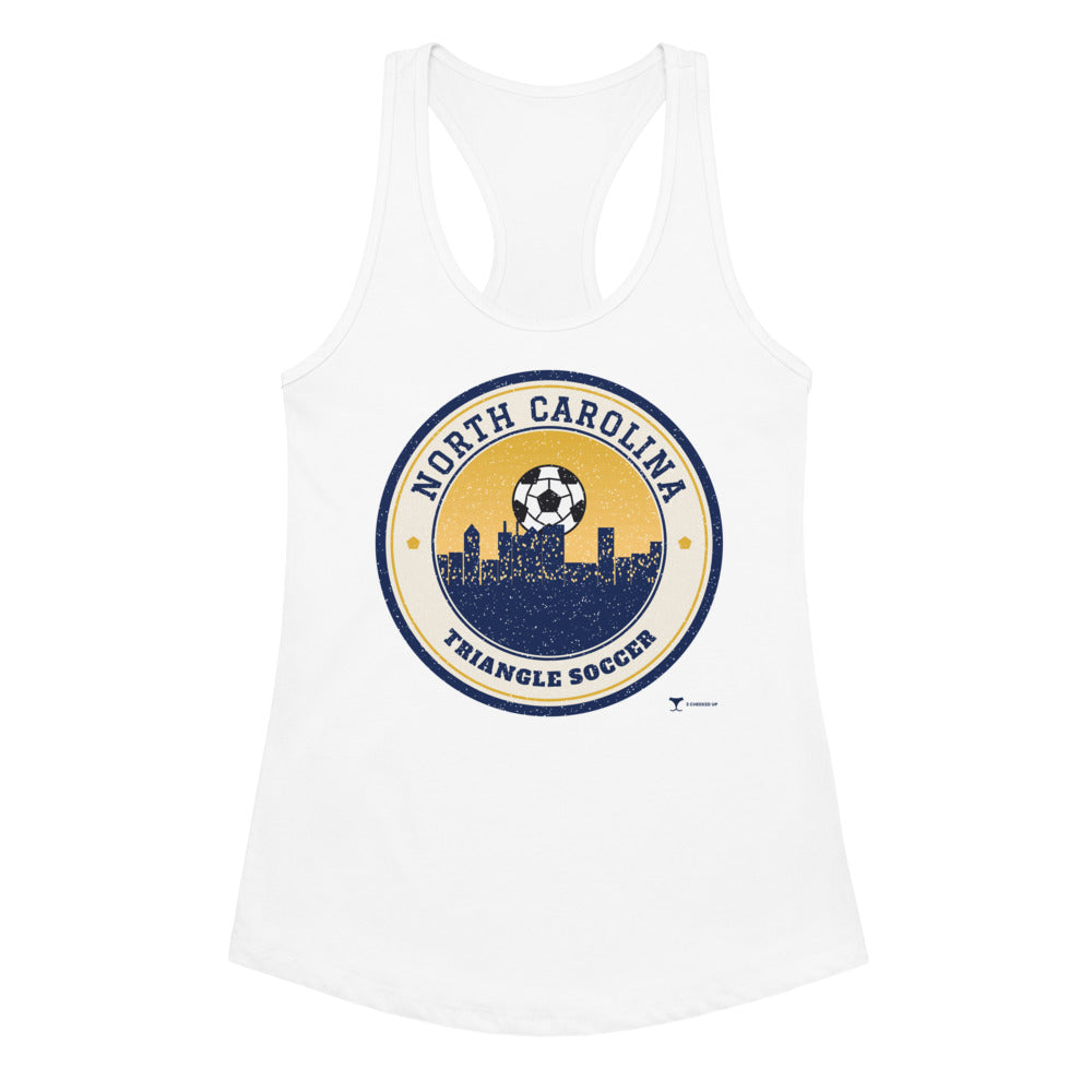 Women's North Carolina Triangle Soccer Racerback Tank in white, design printed on the front, front view