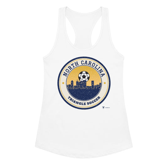 Women's North Carolina Triangle Soccer Racerback Tank in white, design printed on the front, front view