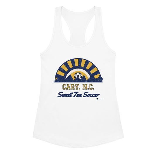 Women's Cary, N.C. Sweet Tea Soccer Racerback Tank in white, design printed on the front, front view