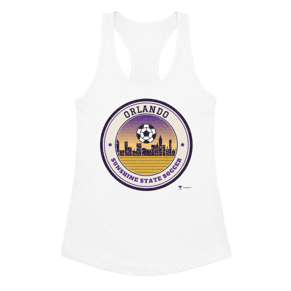 Women's Orlando Sunshine State Soccer Racerback Tank in white, design printed on the front, front view