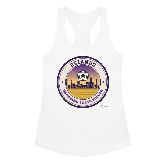 Women's Orlando Sunshine State Soccer Racerback Tank in white, design printed on the front, front view
