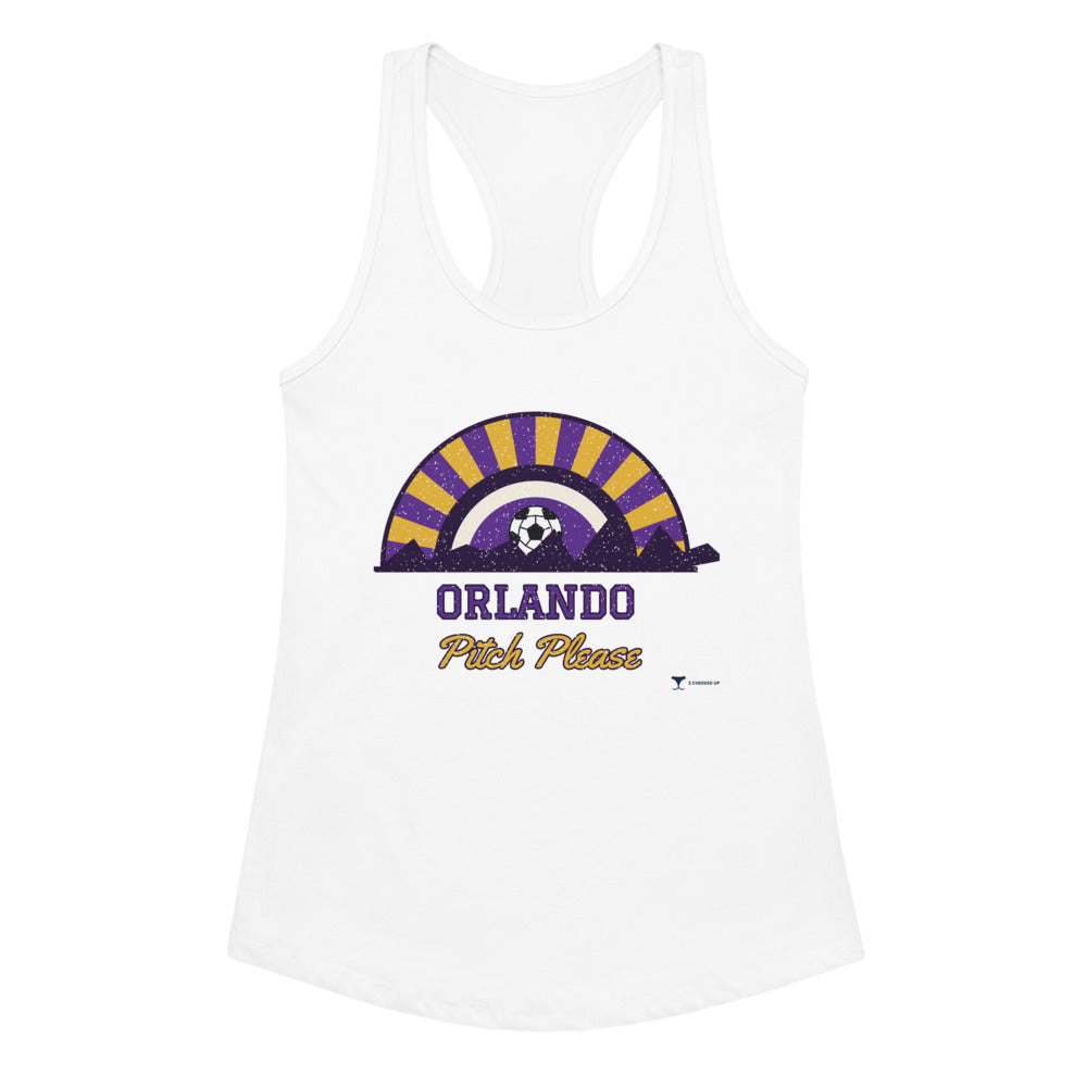 Women's Orlando Pitch Please Racerback Tank in white, design printed on the front, front view