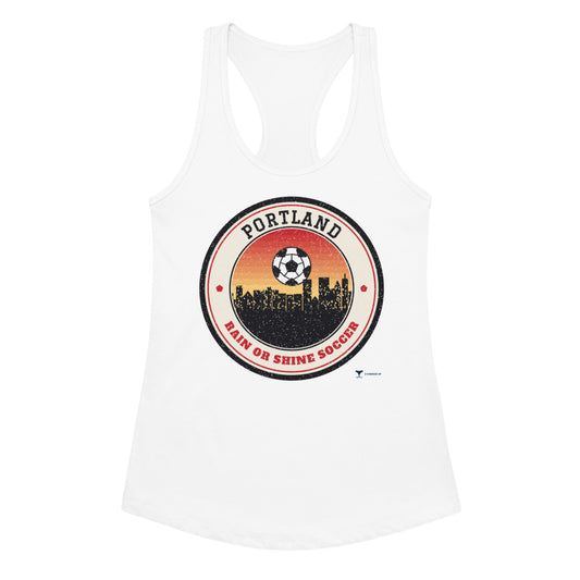 Women's Portland Rain or Shine Soccer Racerback Tank in white, design printed on the front, front view